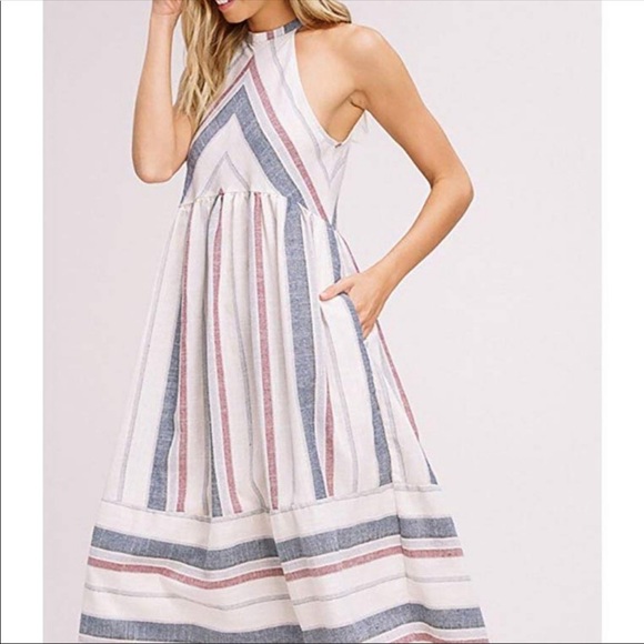 Listicle Striped Halter Babydoll Pocket Midi Dress - Picture 5 of 7